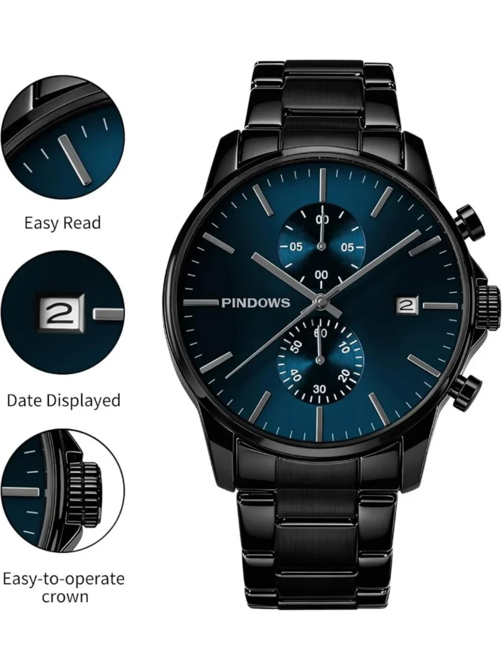 Men's Black Minimalist Chronograph Watch | Stainless Steel, Water Resistant